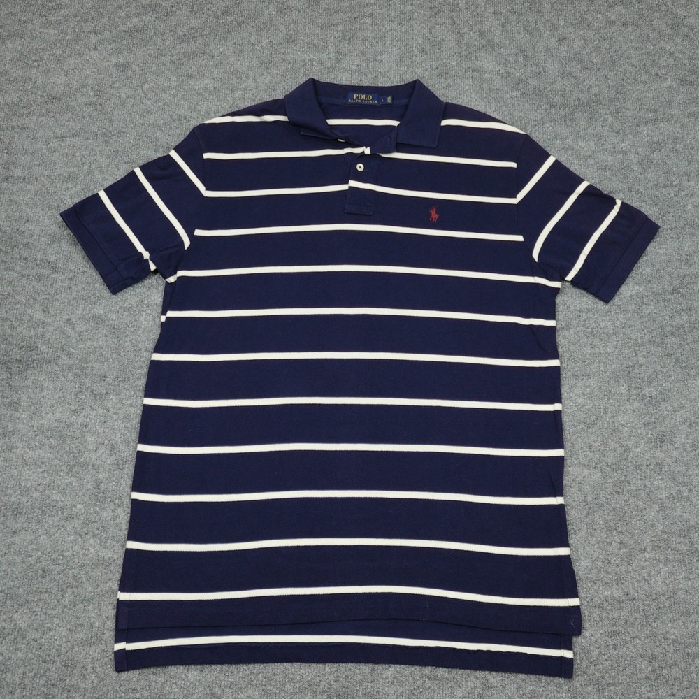 Polo Ralph Lauren Shirt Mens Large Navy Blue Striped Short Sleeve Pony Logo